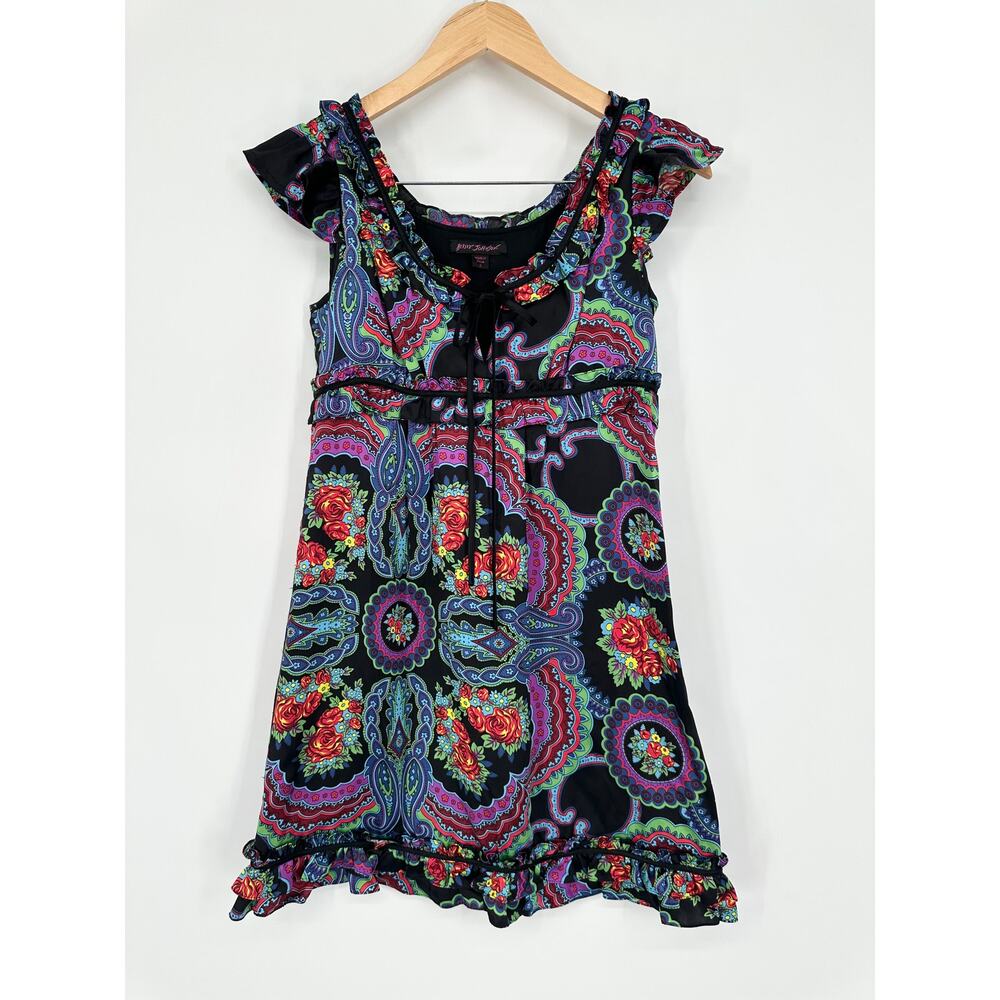 Betsey Johnson Y2k Vintage Silk Paisley Dress Ruffle Floral Babydoll Satin Mini